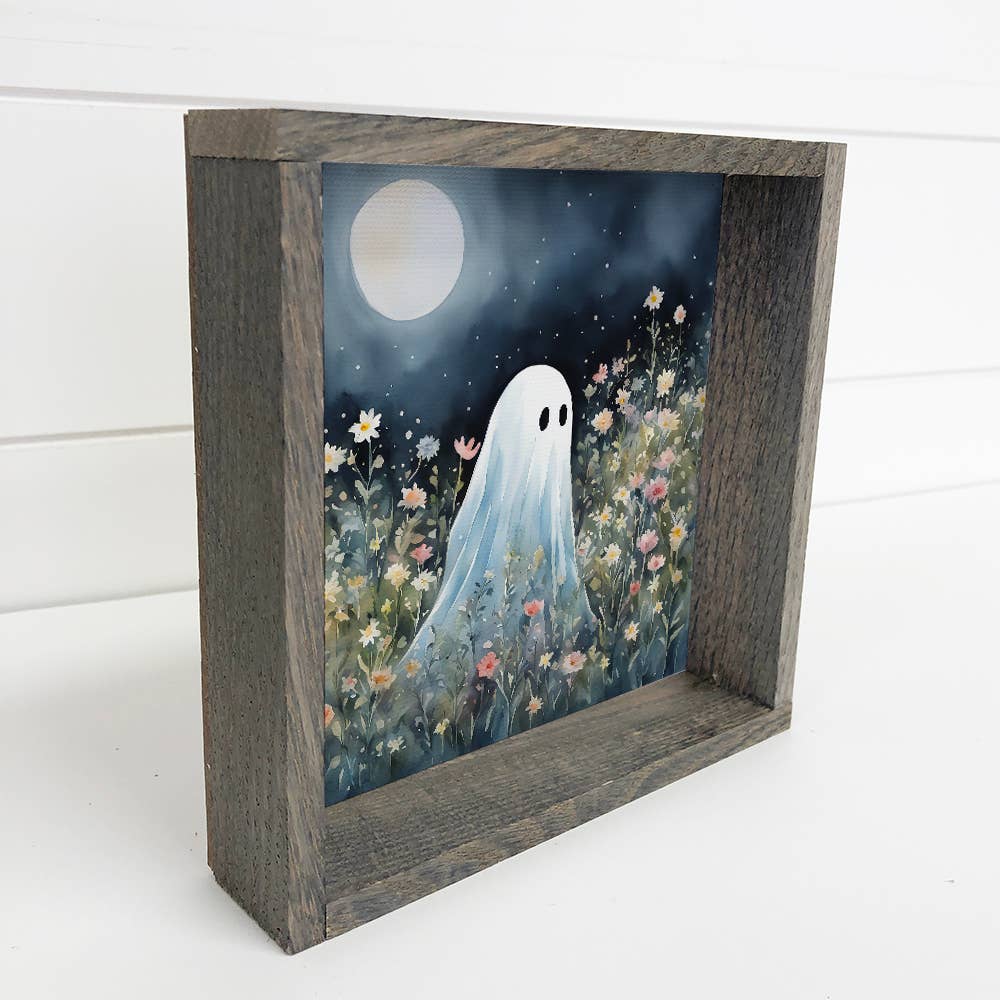 Cute Ghost in Wildflowers - Halloween Canvas Art - Framed