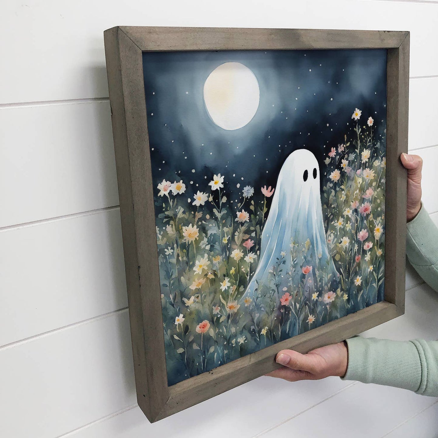 Cute Ghost in Wildflowers - Halloween Canvas Art - Framed